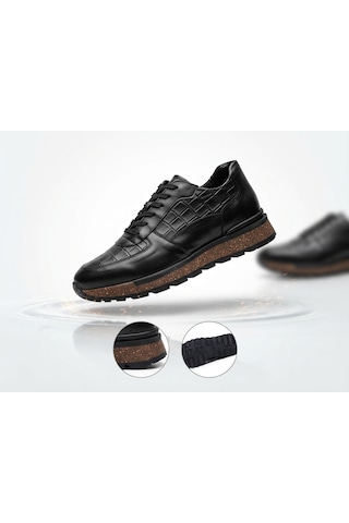 Growish Gd0142 Hakiki Deri Balık Sırtı Desen Yılan Kabartmalı Desen Spor Klasik Termo Taban Prestij Seri Sneaker Günlük Ayakkabı Siyah