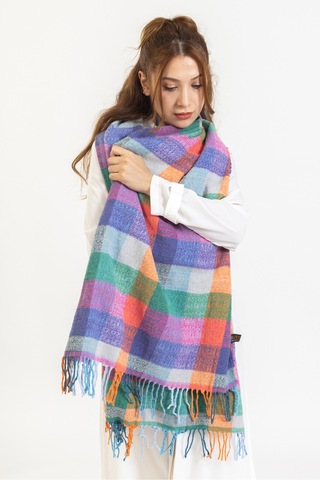 Ladycolor Ekoseli Yünlü Omuz Şalı - 70x200 Cm - Dayanıklı Akrilik Mor