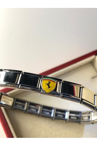 Erkek Kadın Çelik Bileklik - Ferrari Logo Model Italy Nomi Charm Sevgiliye Eşe Babaya Gümüş