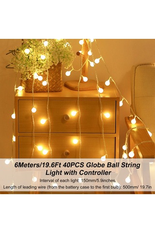 Hfambition 6m 40 Led Usb Kumlanmış Beyaz Top Işık Zinciri, Kumanda Kontrol, 3 Parlaklık Seviyesi, 8 Işık Efekti, 6 Saat Açık/18 Saat Kapalı