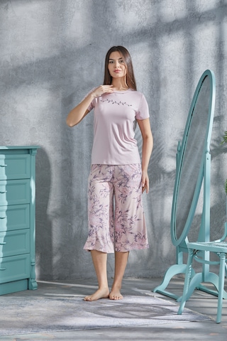 Lılac Kadın Çiçek Desenli %100 Viscon Capri Pijama Takımı Pudra Pembe