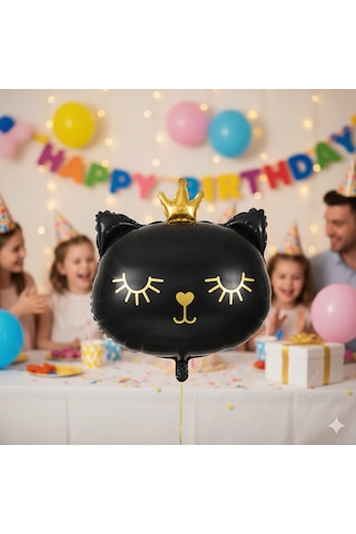 66 Cm Grabo Siyah Kedi Kafası Taçlı Folyo Balon - Doğum Günü Parti Dekorasyon Balonu Çok Renkli