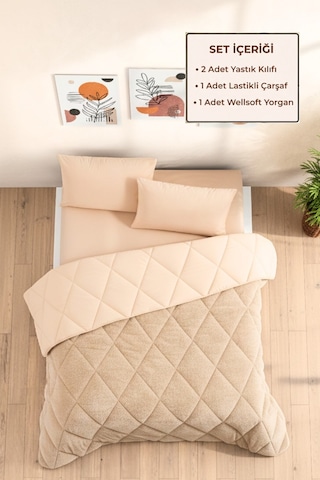Battal Boy Lüx Wellsoft Çift Taraflı Yorgan Uyku Seti Yorgan+çarşaf+ 2 Adet Yastık Kılıfı Bej