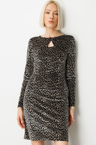 Ekol Kadın Leopar Desenli Mini Kadife Elbise 4037 Siyah Siyah