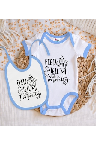 Bk Kids I'm Pretty Tasarımlı Mavi Bebek Body Zıbın Ve Mama Önlüğü Çok Renkli