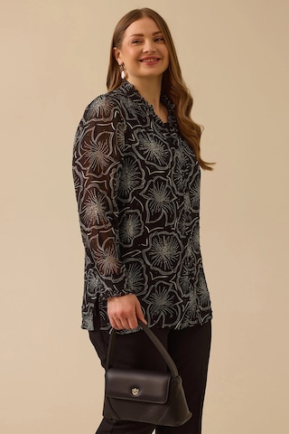 Galaxi Kadın Büyük Beden Çiçek Desenli Şifon Gömlek 4016 Siyah Siyah