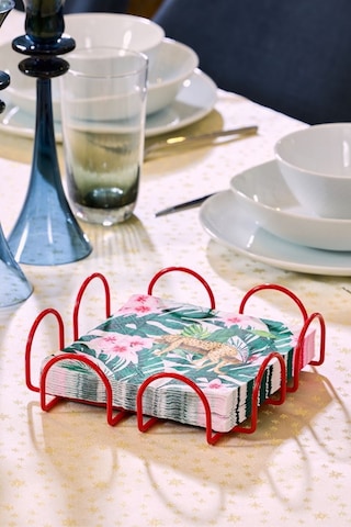 4'lü Kırmızı Servis Sunum Seti, Peçetelik, Kağıt Havluluk, Kare Ekmeklik, Nihale - Metal