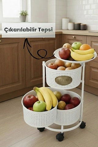3 Katlı Tekerlekli Tepsili Kule Sebzelik Açılır Metal Patates Soğan Meyvelik Sepetli Raf Beyaz Beyaz