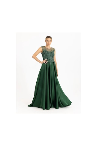 Hint Aksesuarlı Saten Görünümlü Abiye-koyu Yeşil Koyu Yeşil