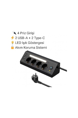 Lexroo Smayling Akım Korumalı Çoklu Priz 4 Priz Girişi + 2 Usb-
