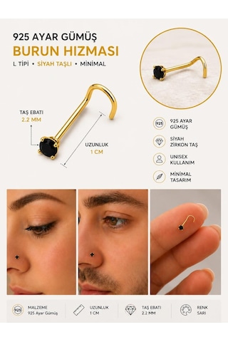 925 Ayar Gümüş Siyah Taşlı Sarı Renk Burun Hızması Piercing Minimal L Şekilli Unisex Nose Stud