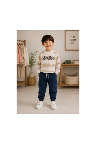 Minaminokids Erkek Çocuk Çizgili Sweatshirt Ve Kot Pantolon İkili Takım Krem