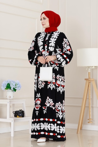 Sevitli Yarım Düğmeli Robalı Belinay Elbise-siyah-5092