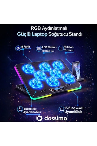Nitro Rgb Işıklı 8 Fanlı Lcd Göstergeli 2 Usb Girişli Yükselebilen Notebook Soğutucu S23