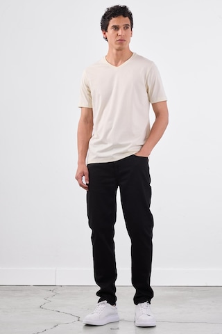 Dufy Ekru V Yaka Pamuklu Düz Renk Slim Fit Erkek T-shirt Ekru