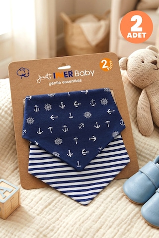 Just Inner Erkek Bebek 2'li Pamuklu Üçgen Fular Önlük Denizci ve Çizgili Desenli Çıtçıtlı Çift Katlı 584403 Mavi