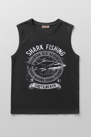 Markapia Man Erkek %100 Pamuk Bisiklet Yaka Shark Baskılı Kolsuz T-shirt Füme