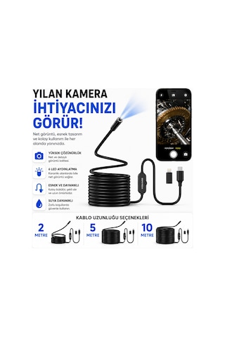 Uninet iPhone Uyumlu Ve Android Uyumlu 2 Kameralı 5metre Kablolu Endoskop Yılan Kamera