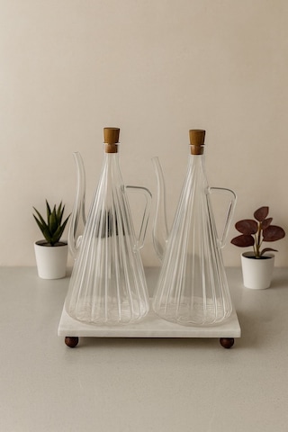 Qerhome Mermer Stantlı 2'li Glazzy Çizgili Tasarım Yağlık & Sosluk 500 Ml Beyaz