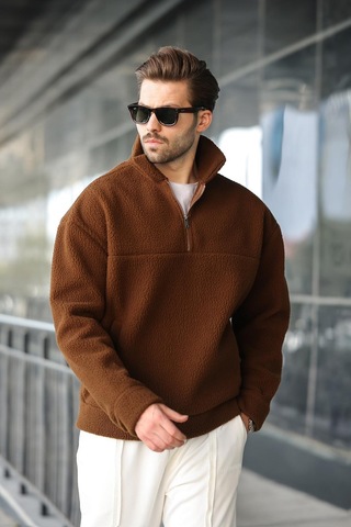 Madmext Kahverengi Yarım Fermuarlı Dik Yaka Polar Sweatshirt E7165 Kahverengi