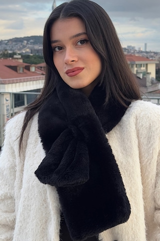 Mollycrush Kadın Siyah Peluş Atkı Kışlık Şık Suni Kürklü Siyah