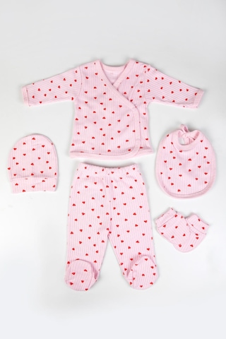 Baby Shez %100 Pamuklu Fitilli 5 Parça Yenidoğan Hastane Çıkışı Kalpli Zıbın Set Pembe