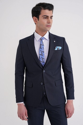 Efor Slim Fit Mono Yaka Çift Yırtmaç Armürlü Esnek Yünlü Lacivert Yelekli Klasik Takım Elbise Tk 933 Lacivert