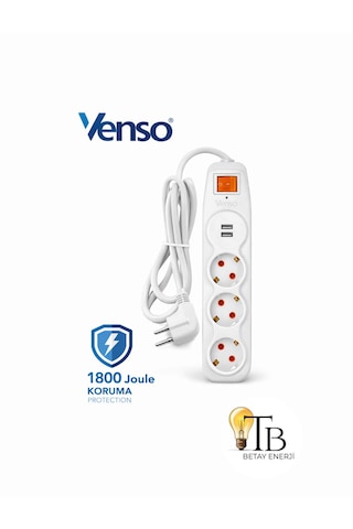 Venso Akım Korumalı 3 Lü Grup Priz 2 Usb Li, 1.5 Metre Kablolu 1,5 m