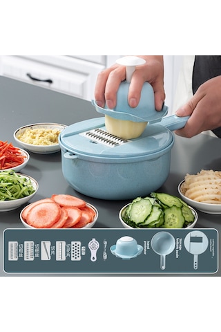 Hombey Mutfak Çok Amaçlı Sebze Dilimleyici, Patatesi İnce Şeritlere/flower Şekline Kesici, Ev Kullanıma Uygun 9 Parça Mavi Set