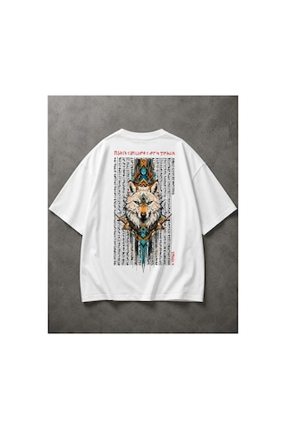 Yolo Street Etnik Kurt Baskılı Beyaz Oversize Erkek Tişört Sırt Baskı %100 Pamuk Vintage Streetwear 1abeyaz