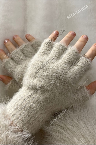 Peluş Kesik Parmak Eldiven Bej