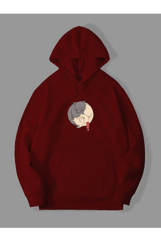 Harmandar Üç İplik Ying Yang Baskılı Unisex Kırmızı Kanguru Cepli Kapüşonlu Sweatshirt Hoodie Yingyangkirmizisweat