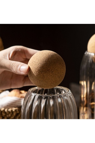 Morponi 3lü Top Mantar Kapaklı Çizgili Cam Kavanoz Ve Baharatlık Seti Şeffaf