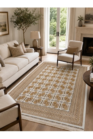 Sateen Afghan Sfg 02 Beige Afgan Desenlerine Sahip Hav Vermeyen Özel İplerle Dokunan Yıkanabilir Ve Özel Kaymaz Tabanlı Sık Dokuma Makine Halısı Bej