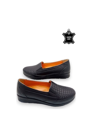 Kadın Taba Hakiki Deri Içi Deri Comfort Tam Ortopedik Anne Ayakka Siyah-baskılı Siyah