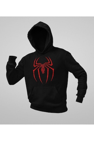Sevbano Spider-man Logo Baskılı Unisex Oversize Örümcek Adam Hoodie Siyah