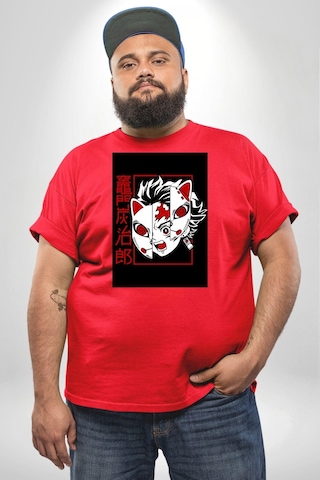 Angemiel Anime İblis Avcısı Kimetsu No Yaiba Maske Kırmızı Büyük Beden Erkek Kadın Unisex Basic Ön Baskılı Tişört Kırmızı