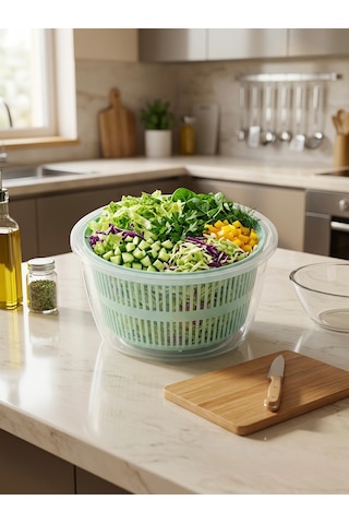 House & More 4.4 Litre Büyük Boy Sebze Meyve Kurutucu Süzgeçli Salata Dönencesi 3 Renk Turkuaz