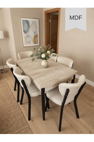 6 Kişilik Yemek Masa Takımı 1adet 80 X 130 Açılabilir Mdf Masa 6 Adet Elma Sandalye Krem - Traverten