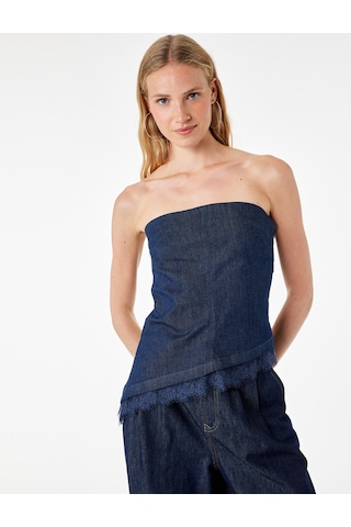 Koton Dantel Detaylı Asimetrik Kesim Straplez Denim Büstiyer Top Koyu İndigo 6sal30029md Dark Indigo