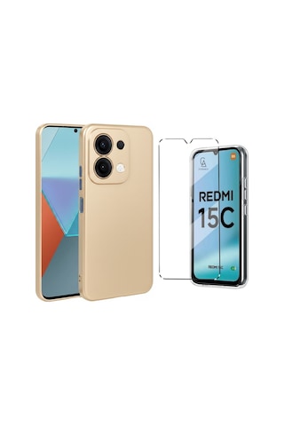 Xiaomi Redmi 15c İle Uyumlu Kılıf Soft Yumuşak Telefon Kılıfı Ve Temperli Cam Ekran Koruyucu Gold