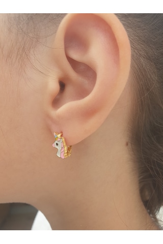 925 Ayar Gümüş Altın Kaplama Pembe Unıcorn Çocuk Küpesi