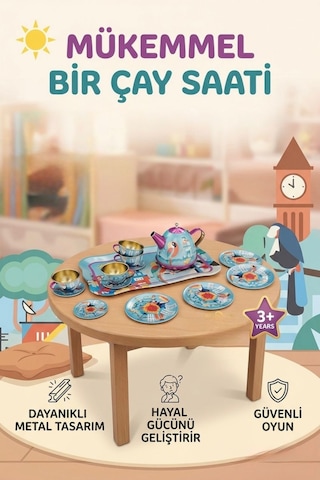 Metal 14 Parça Renkli Desenli Çantalı Eğitici Evcilik Oyuncak Çay Fincan Seti