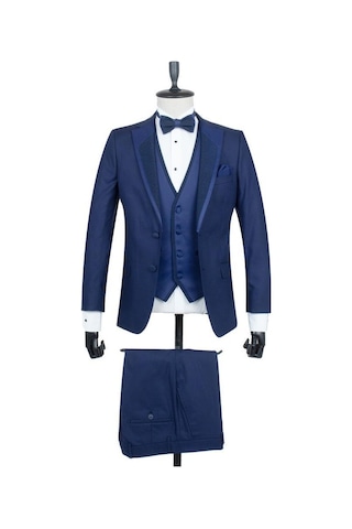 İmza Lacivert Gabardin Mono Yaka Astarlı Yelekli 6 Drop Slim Fit Dar Kesim Smokin Damatlık 1001195166-Lacivert