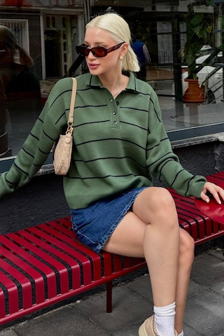 Madmext Melanj Yeşili Çizgili Polo Yaka Kadın Triko Kazak Mg2470 Melanj Yeşili