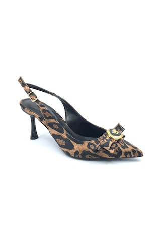 Feles Fiyonk Sarı Toka Detaylı Arkası Açık Stiletto Kadın Topuklu Ayakkabı Leopar