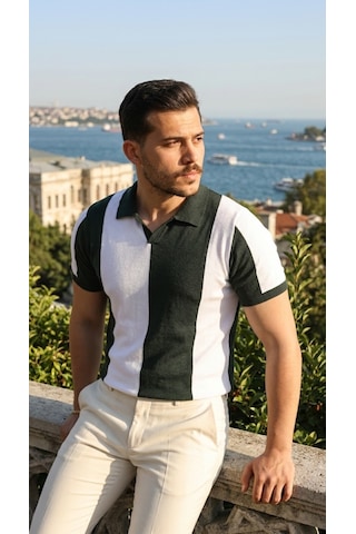 Suma Erkek Kısa Kollu Polo Yakalı Blok Desenli Triko Bluz Yeşil