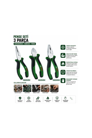 Jenerik 3 Parça Pense Seti - 7 İnç Pense, 6 İnç Yan Keski, 7 İnç Kargaburnu 60 Kesme Sertliği