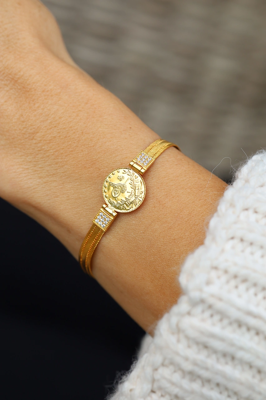 14 Ayar Altın Taş Ve Trabzon Hasır Detaylı 22 Ayar Çeyrek Reşatlı Bileklik Blk34844