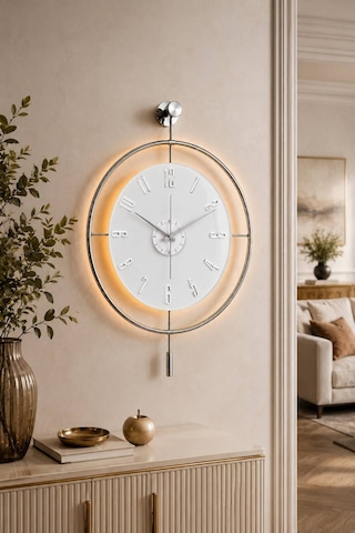 Pey Aksesuar Orjinal Metal-orjinal Cam-ışıklı Led - İskandinav Kadran Duvar Saati M60-krom-beyaz-gümüş